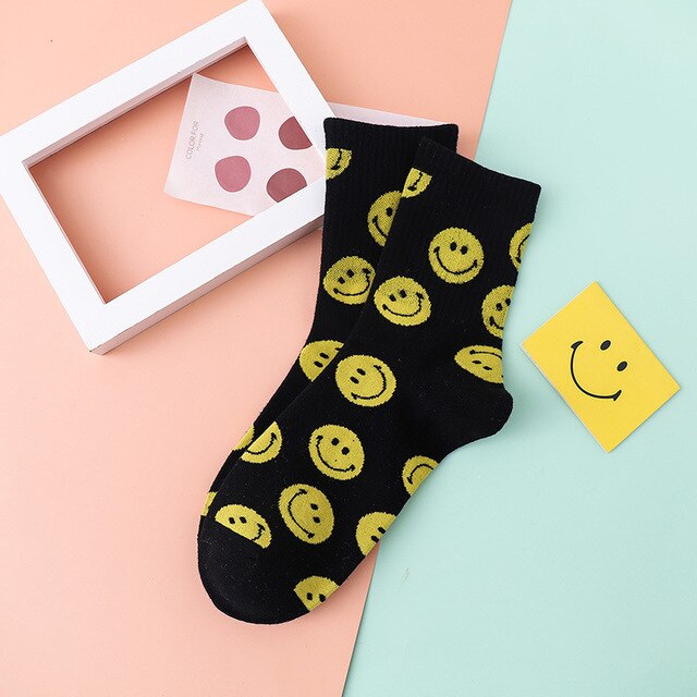 Dreamlikelin Spring Autumn Woman Funny Cotton, Smiley Print Kawaii Smile Face Socks