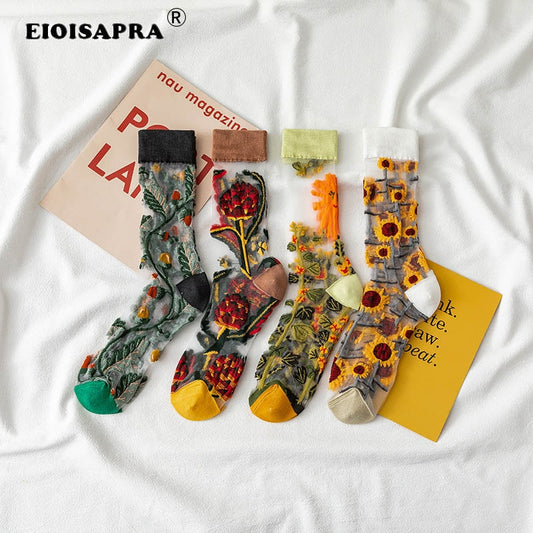 Harajuku Crystal Silk Tide Socks Funny Sunflowers Vines