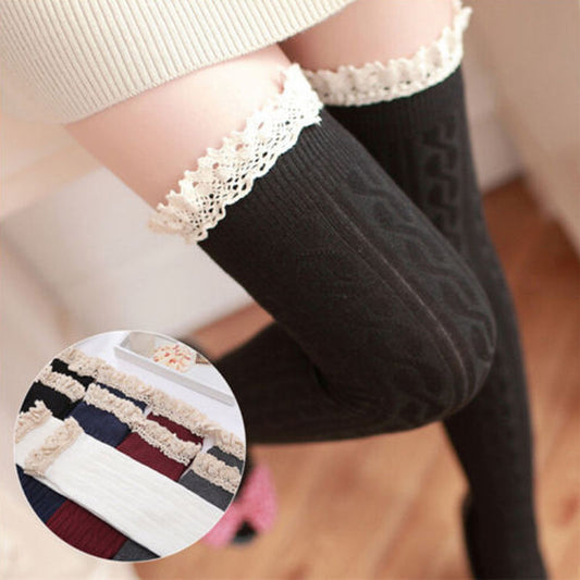 Lace Patchwork Women's Cotton Thigh High Socks