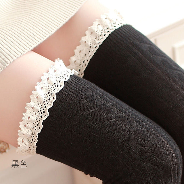 Lace Patchwork Women's Cotton Thigh High Socks