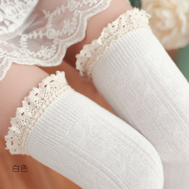 Lace Patchwork Women's Cotton Thigh High Socks