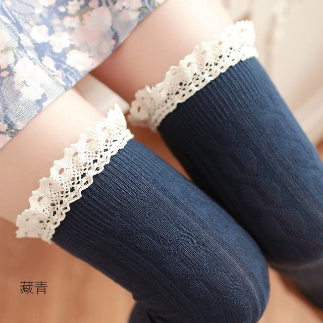 Lace Patchwork Women's Cotton Thigh High Socks