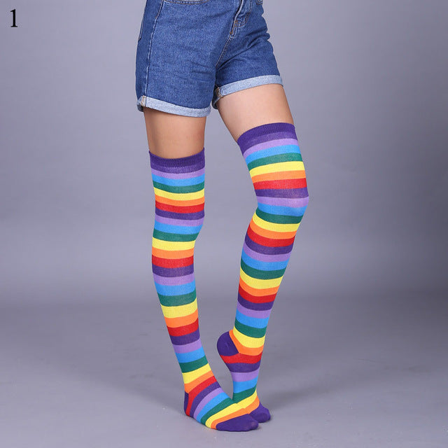 Long Stripe Printed Thigh High Cotton Socks