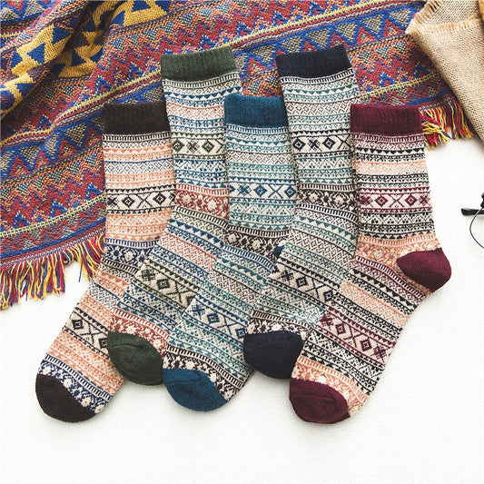 New Thick Stripe Crew Socks Folk-Custom Warm Winter Wool Socks