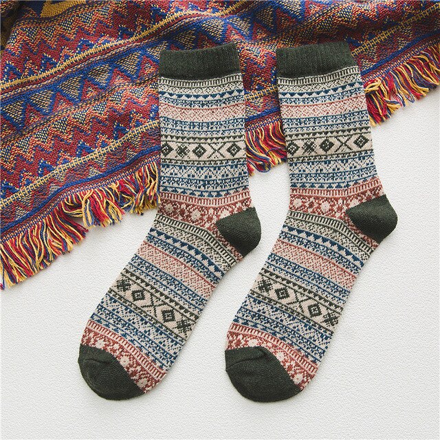 New Thick Stripe Crew Socks Folk-Custom Warm Winter Wool Socks