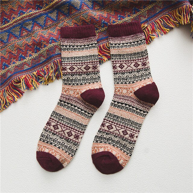 New Thick Stripe Crew Socks Folk-Custom Warm Winter Wool Socks