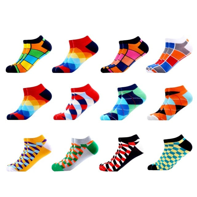 SANZETTI 12 Pairs/Lot Men's Ankle Socks Casual Novelty Colorful Summer Happy Combed Cotton Short Socks Plaid Dress Boat Socks