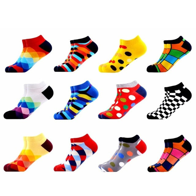 SANZETTI 12 Pairs/Lot Men's Ankle Socks Casual Novelty Colorful Summer Happy Combed Cotton Short Socks Plaid Dress Boat Socks