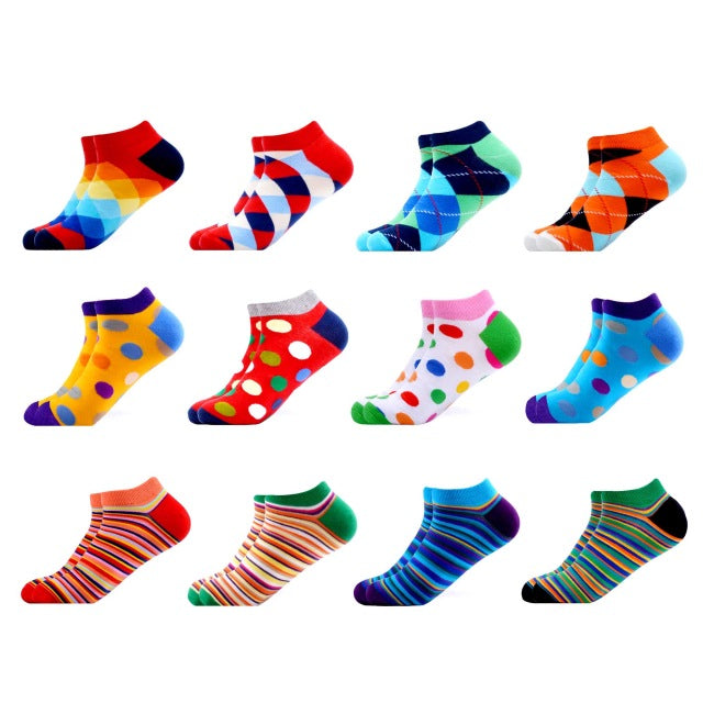SANZETTI 12 Pairs/Lot Men's Ankle Socks Casual Novelty Colorful Summer Happy Combed Cotton Short Socks Plaid Dress Boat Socks