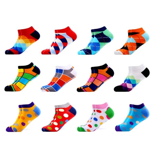 SANZETTI 12 Pairs/Lot Men's Ankle Socks Casual Novelty Colorful Summer Happy Combed Cotton Short Socks Plaid Dress Boat Socks