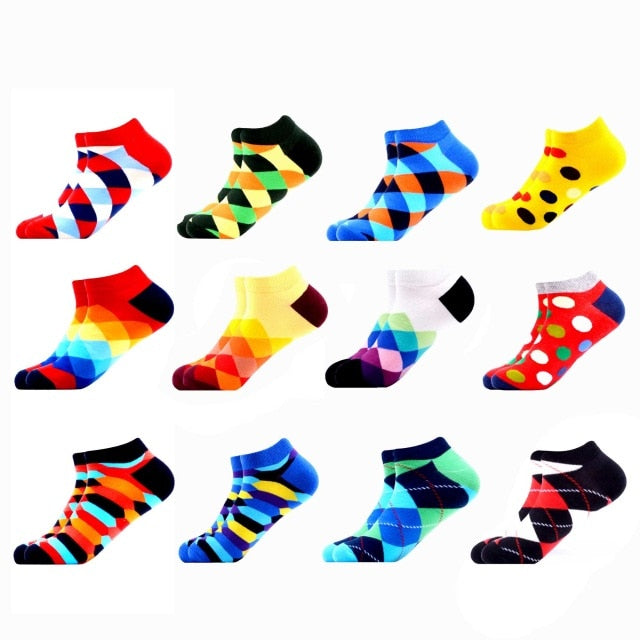 SANZETTI 12 Pairs/Lot Men's Ankle Socks Casual Novelty Colorful Summer Happy Combed Cotton Short Socks Plaid Dress Boat Socks