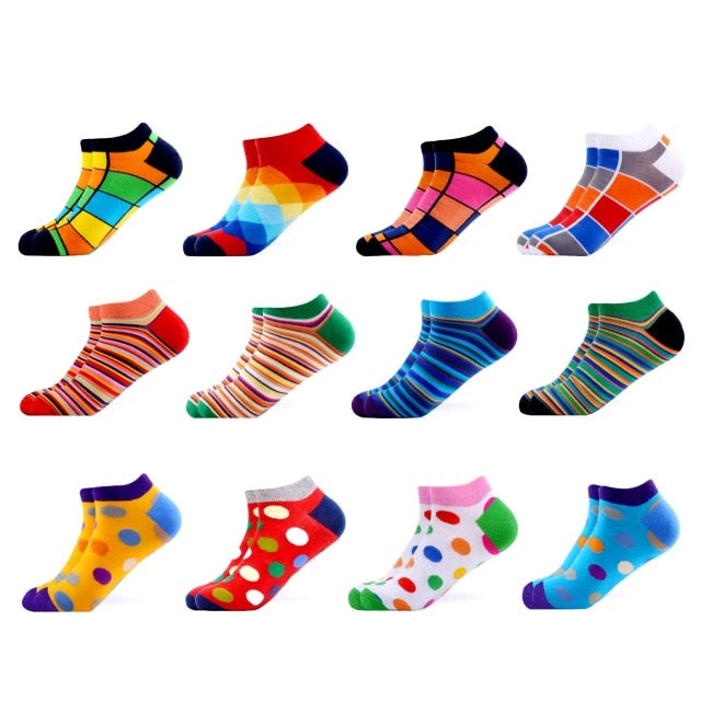 SANZETTI 12 Pairs/Lot Men's Ankle Socks Casual Novelty Colorful Summer Happy Combed Cotton Short Socks Plaid Dress Boat Socks