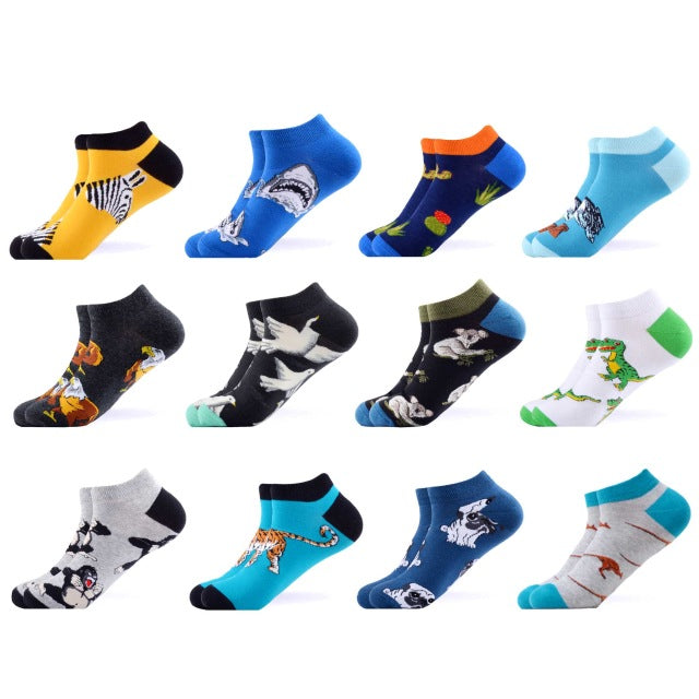 SANZETTI 12 Pairs/Lot Men's Ankle Socks Casual Novelty Colorful Summer Happy Combed Cotton Short Socks Plaid Dress Boat Socks