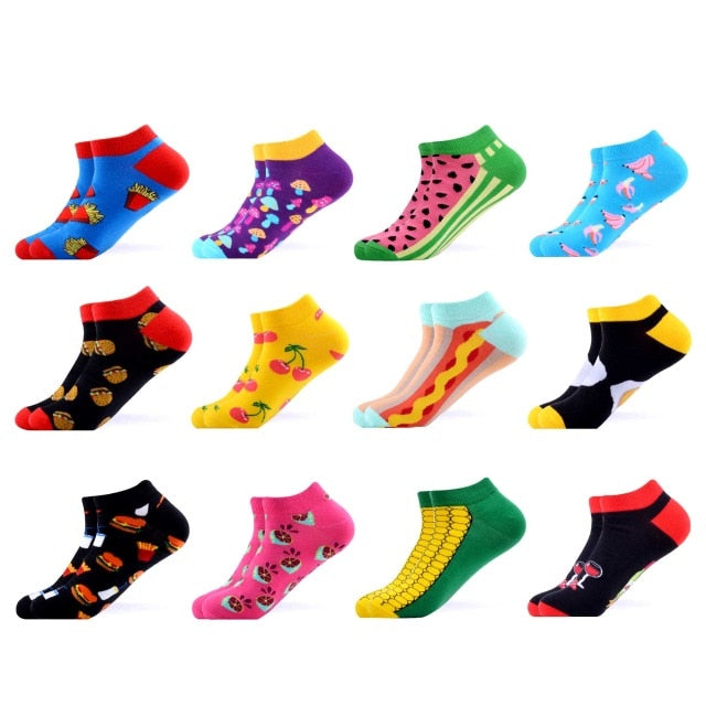SANZETTI 12 Pairs/Lot Men's Ankle Socks Casual Novelty Colorful Summer Happy Combed Cotton Short Socks Plaid Dress Boat Socks