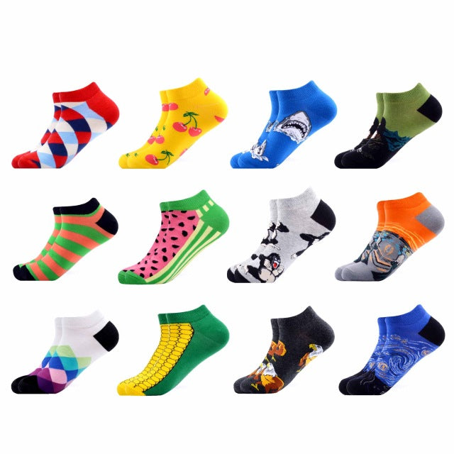 SANZETTI 12 Pairs/Lot Men's Ankle Socks Casual Novelty Colorful Summer Happy Combed Cotton Short Socks Plaid Dress Boat Socks