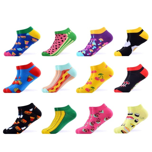 SANZETTI 12 Pairs/Lot Men's Ankle Socks Casual Novelty Colorful Summer Happy Combed Cotton Short Socks Plaid Dress Boat Socks