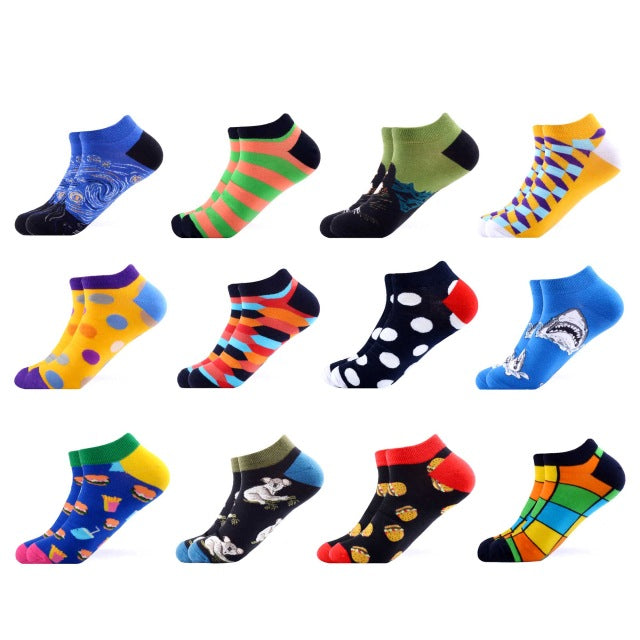 SANZETTI 12 Pairs/Lot Men's Ankle Socks Casual Novelty Colorful Summer Happy Combed Cotton Short Socks Plaid Dress Boat Socks
