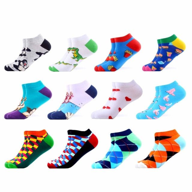 SANZETTI 12 Pairs/Lot Men's Ankle Socks Casual Novelty Colorful Summer Happy Combed Cotton Short Socks Plaid Dress Boat Socks