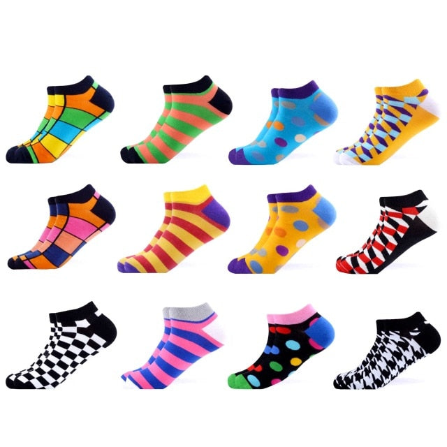 SANZETTI 12 Pairs/Lot Men's Ankle Socks Casual Novelty Colorful Summer Happy Combed Cotton Short Socks Plaid Dress Boat Socks