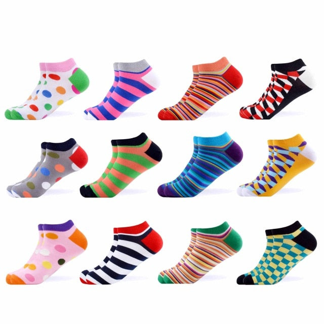 SANZETTI 12 Pairs/Lot Men's Ankle Socks Casual Novelty Colorful Summer Happy Combed Cotton Short Socks Plaid Dress Boat Socks