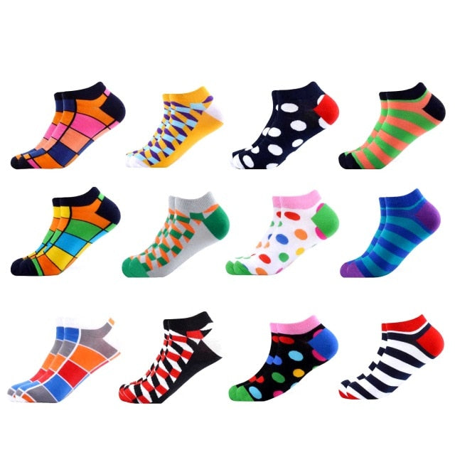 SANZETTI 12 Pairs/Lot Men's Ankle Socks Casual Novelty Colorful Summer Happy Combed Cotton Short Socks Plaid Dress Boat Socks