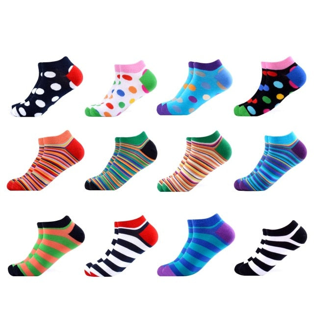 SANZETTI 12 Pairs/Lot Men's Ankle Socks Casual Novelty Colorful Summer Happy Combed Cotton Short Socks Plaid Dress Boat Socks