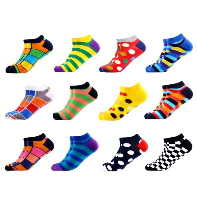 SANZETTI 12 Pairs/Lot Men's Ankle Socks Casual Novelty Colorful Summer Happy Combed Cotton Short Socks Plaid Dress Boat Socks