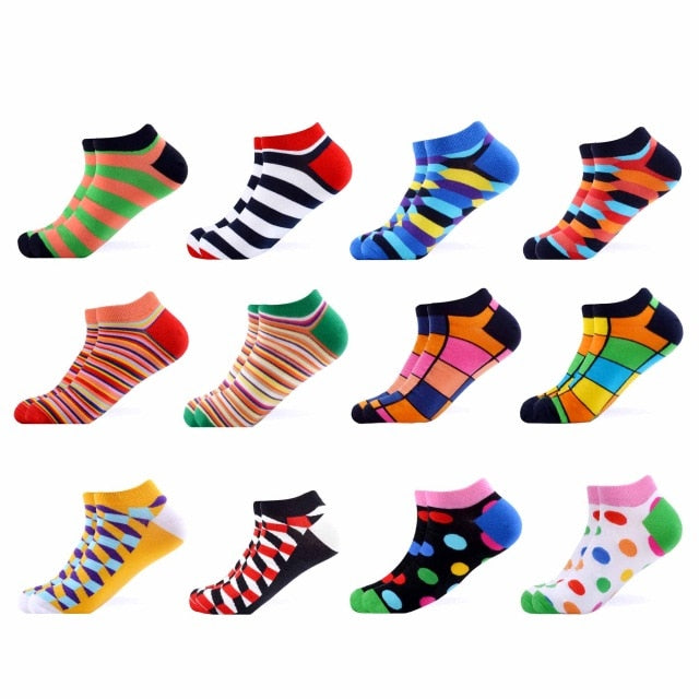 SANZETTI 12 Pairs/Lot Men's Ankle Socks Casual Novelty Colorful Summer Happy Combed Cotton Short Socks Plaid Dress Boat Socks