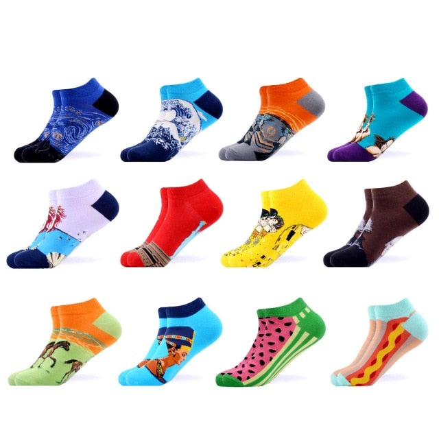 SANZETTI 12 Pairs/Lot Men's Ankle Socks Casual Novelty Colorful Summer Happy Combed Cotton Short Socks Plaid Dress Boat Socks