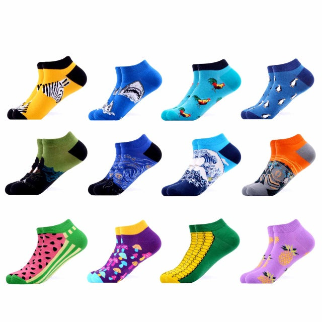 SANZETTI 12 Pairs/Lot Men's Ankle Socks Casual Novelty Colorful Summer Happy Combed Cotton Short Socks Plaid Dress Boat Socks