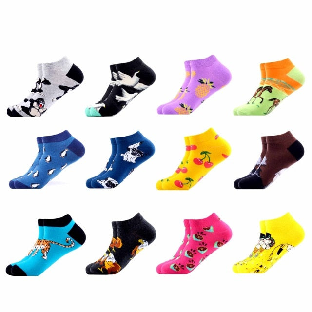 SANZETTI 12 Pairs/Lot Men's Ankle Socks Casual Novelty Colorful Summer Happy Combed Cotton Short Socks Plaid Dress Boat Socks