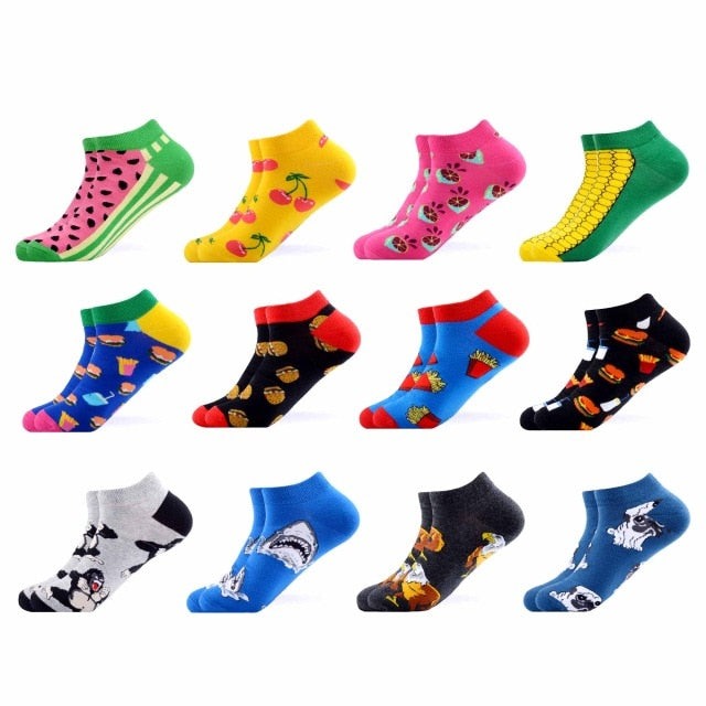 SANZETTI 12 Pairs/Lot Men's Ankle Socks Casual Novelty Colorful Summer Happy Combed Cotton Short Socks Plaid Dress Boat Socks