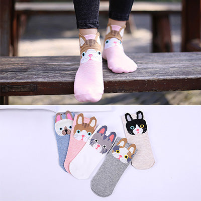 Women's Cotton Happy Funny Invisible Socks With Print Cartoon Animal Casual Short Socks Cute Summer Thin Ankle Socks 5 Pairs/Lot