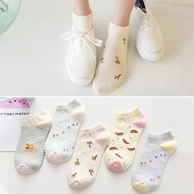 Women's Cotton Happy Funny Invisible Socks With Print Cartoon Animal Casual Short Socks Cute Summer Thin Ankle Socks 5 Pairs/Lot