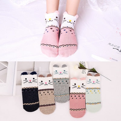 Women's Cotton Happy Funny Invisible Socks With Print Cartoon Animal Casual Short Socks Cute Summer Thin Ankle Socks 5 Pairs/Lot
