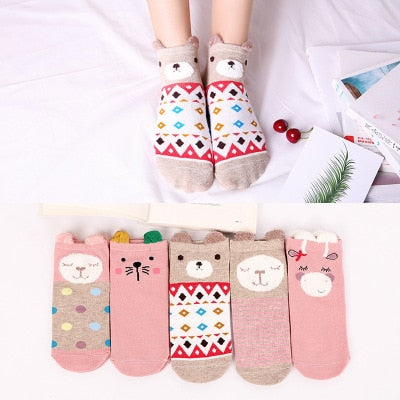 Women's Cotton Happy Funny Invisible Socks With Print Cartoon Animal Casual Short Socks Cute Summer Thin Ankle Socks 5 Pairs/Lot