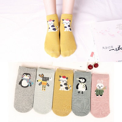 Women's Cotton Happy Funny Invisible Socks With Print Cartoon Animal Casual Short Socks Cute Summer Thin Ankle Socks 5 Pairs/Lot
