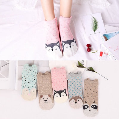 Women's Cotton Happy Funny Invisible Socks With Print Cartoon Animal Casual Short Socks Cute Summer Thin Ankle Socks 5 Pairs/Lot