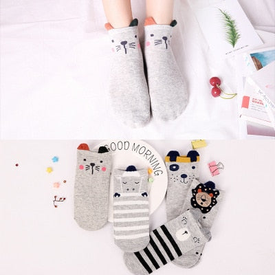 Women's Cotton Happy Funny Invisible Socks With Print Cartoon Animal Casual Short Socks Cute Summer Thin Ankle Socks 5 Pairs/Lot
