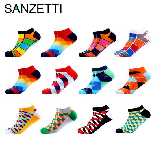 SANZETTI 12 Pairs/Lot Men's Ankle Socks Casual Novelty Colorful Summer Happy Combed Cotton Short Socks Plaid Dress Boat Socks