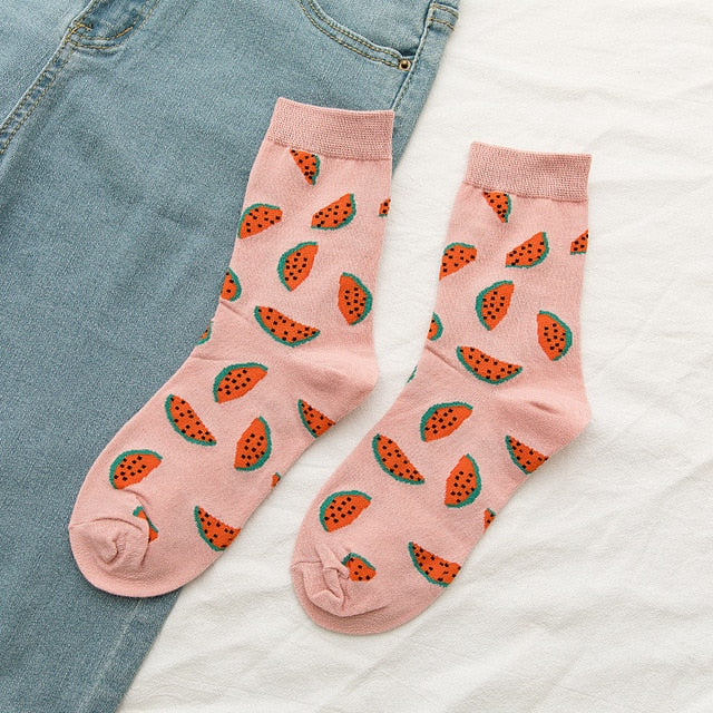 New summer cartoon fruit cotton watermelon lemon strawberry banana avocado women Korean version of socks fashion street socks