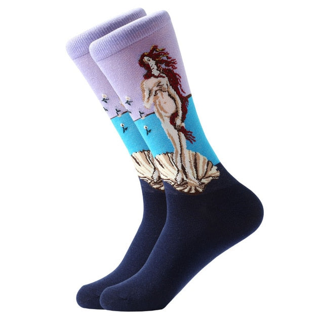 1pair Combed Cotton Colorful Van Gogh Retro Oil Painting Men Socks