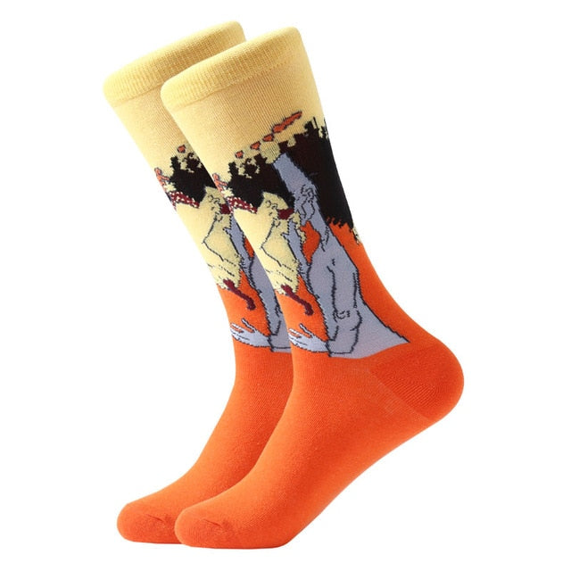 1pair Combed Cotton Colorful Van Gogh Retro Oil Painting Men Socks