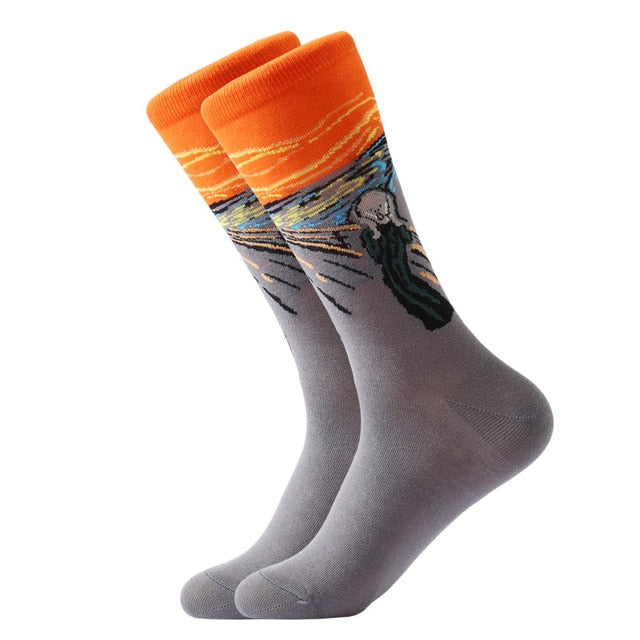 1pair Combed Cotton Colorful Van Gogh Retro Oil Painting Men Socks
