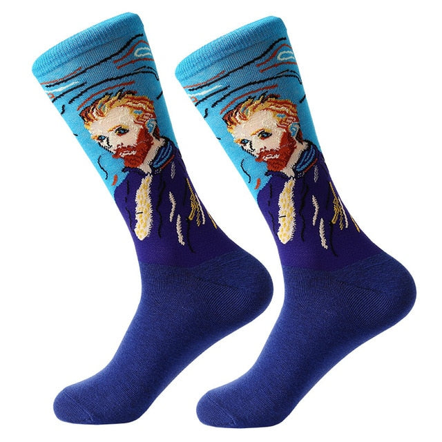 1pair Combed Cotton Colorful Van Gogh Retro Oil Painting Men Socks
