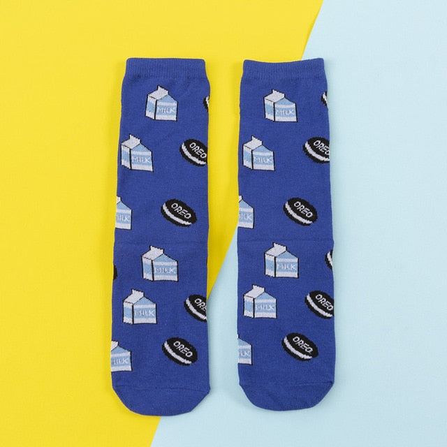 Women Socks Funny Cute Cartoon Fruits Banana Avocado Lemon Egg Cookie Donuts Food Happy colorful novelty skateboard Socks