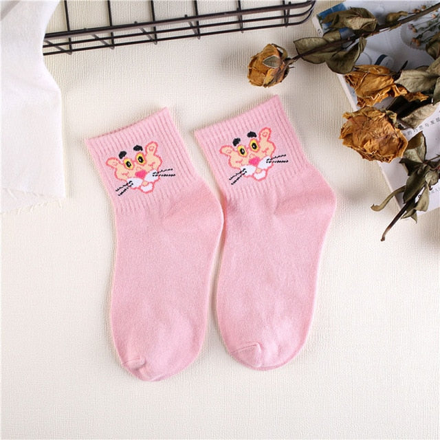 Japanese Kawaii Women Animals Cartoon Tube Socks Cute Egg Rabbit Panther Cotton Long Socks Female and Ladies Pink Milk White Sox