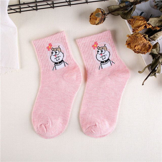 Japanese Kawaii Women Animals Cartoon Tube Socks Cute Egg Rabbit Panther Cotton Long Socks Female and Ladies Pink Milk White Sox