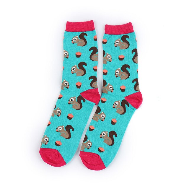 Animal Jacquard Cotton Women Socks Owl Fox Horse Rabbit Squirrel Socks Colorful Fun Chromatic Striped Long Socks for Female