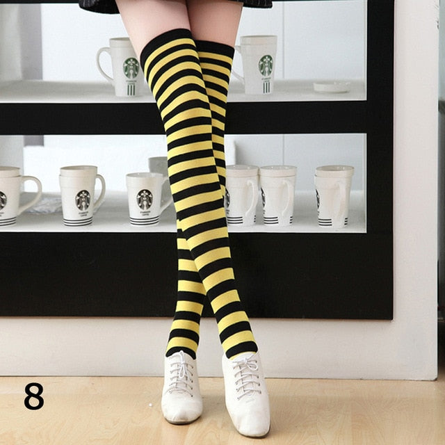 Long Stripe Printed Thigh High Cotton Socks